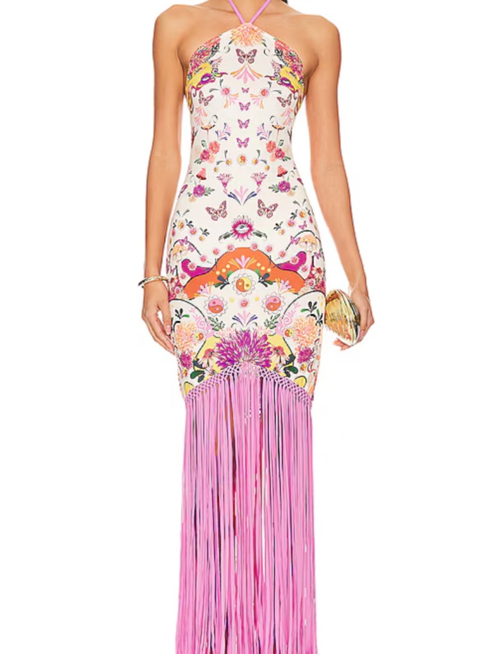 Aqua Bandita X Revolve Aliss Fringe Halter Maxi Dress with Floral Print S